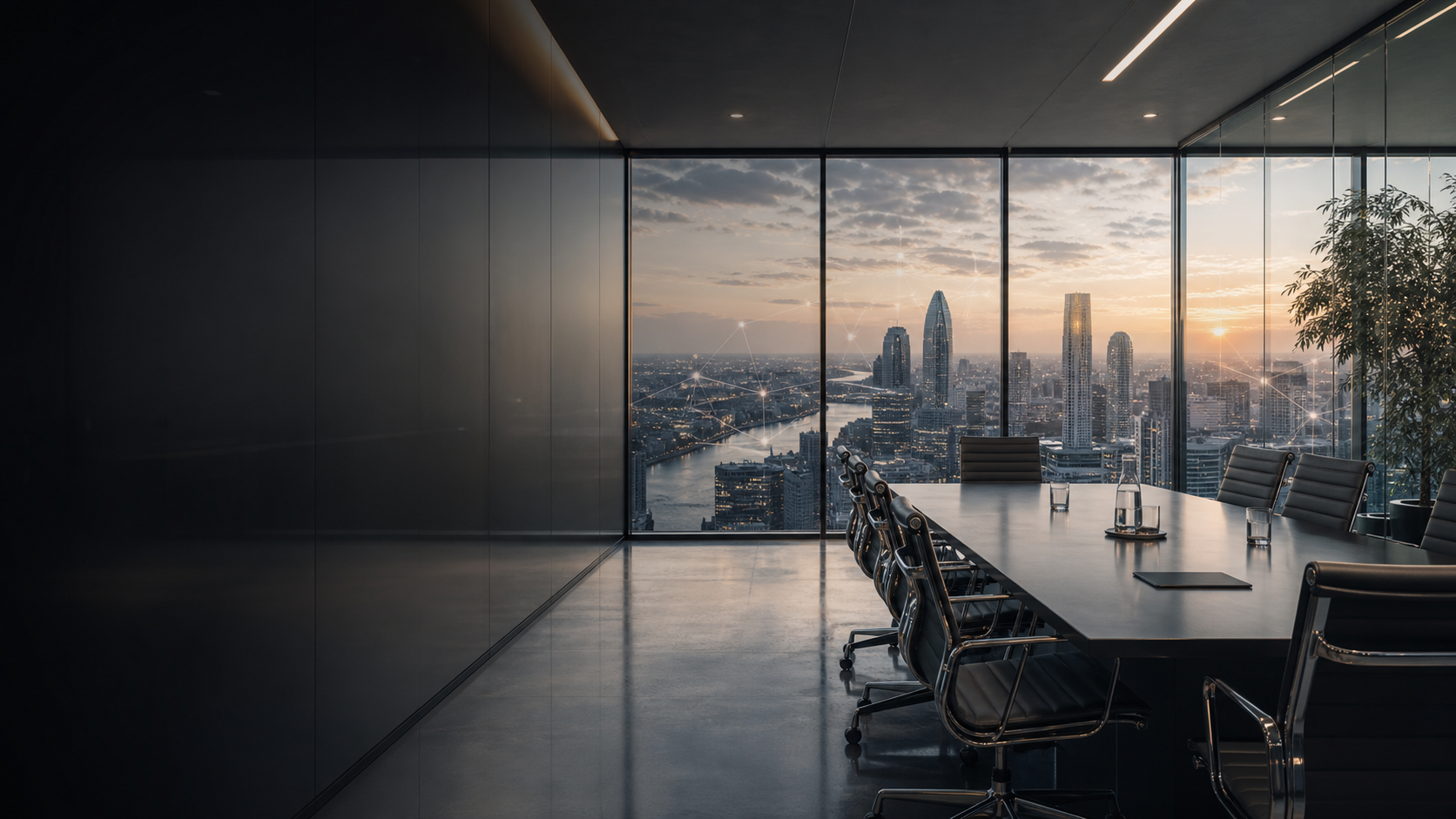 Modern boardroom overlooking a global city skyline